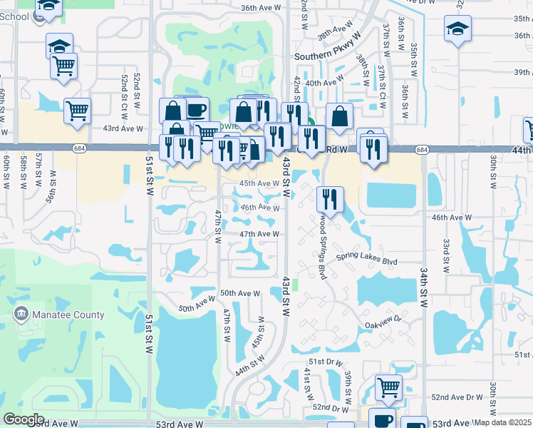 map of restaurants, bars, coffee shops, grocery stores, and more near 4301 46th Avenue West in Bradenton
