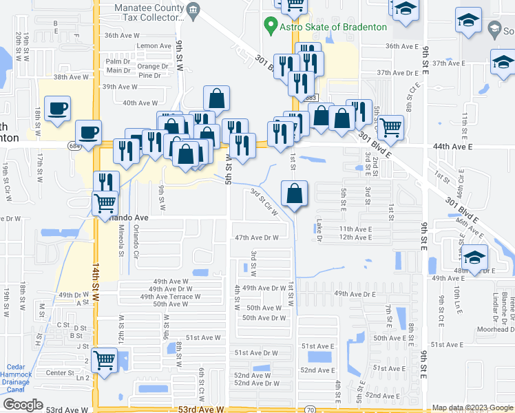 map of restaurants, bars, coffee shops, grocery stores, and more near 271 3rd Street Circle West in Bradenton