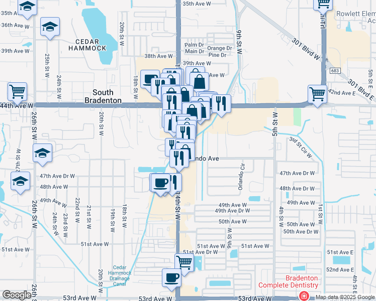 map of restaurants, bars, coffee shops, grocery stores, and more near 4573 14th Street West in Bradenton