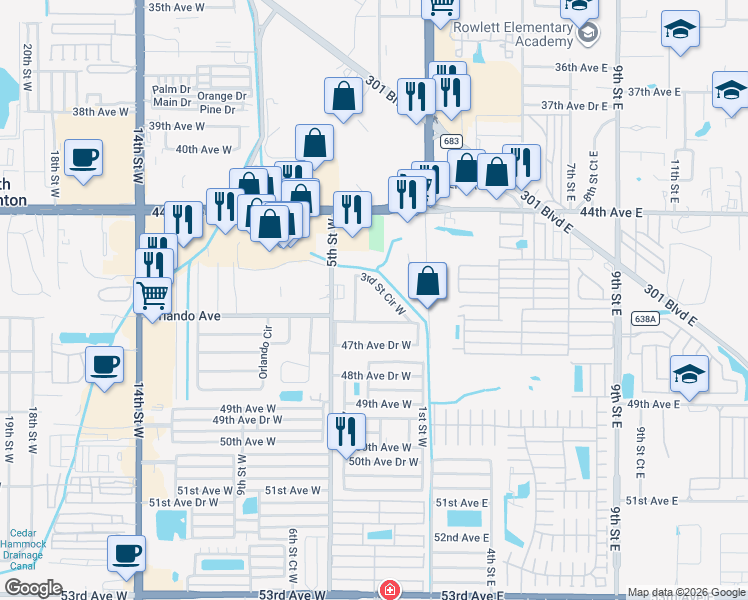 map of restaurants, bars, coffee shops, grocery stores, and more near 271 3rd Street Circle West in Bradenton