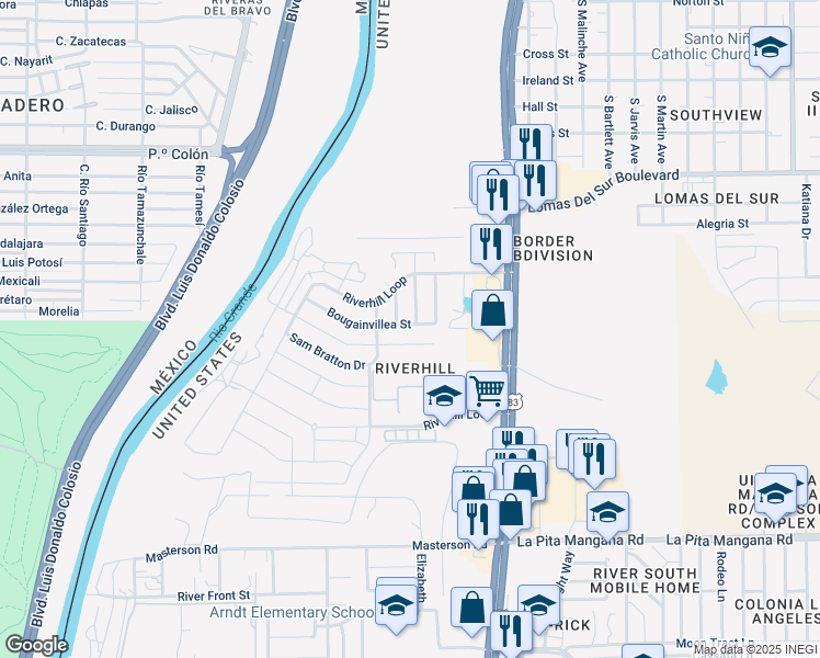 map of restaurants, bars, coffee shops, grocery stores, and more near 715 Bougainvillea Street in Laredo