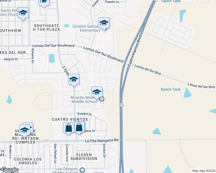 map of restaurants, bars, coffee shops, grocery stores, and more near Bianca Lane in Laredo