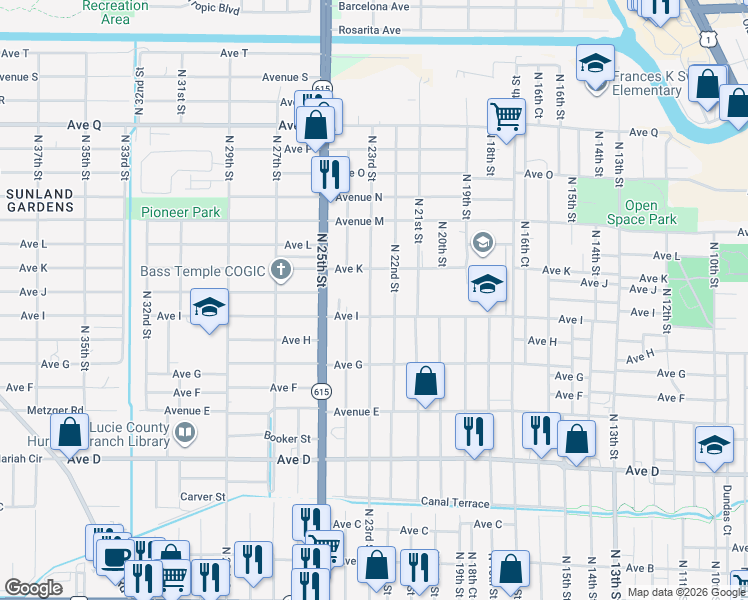 map of restaurants, bars, coffee shops, grocery stores, and more near 1010 North 23rd Street in Fort Pierce