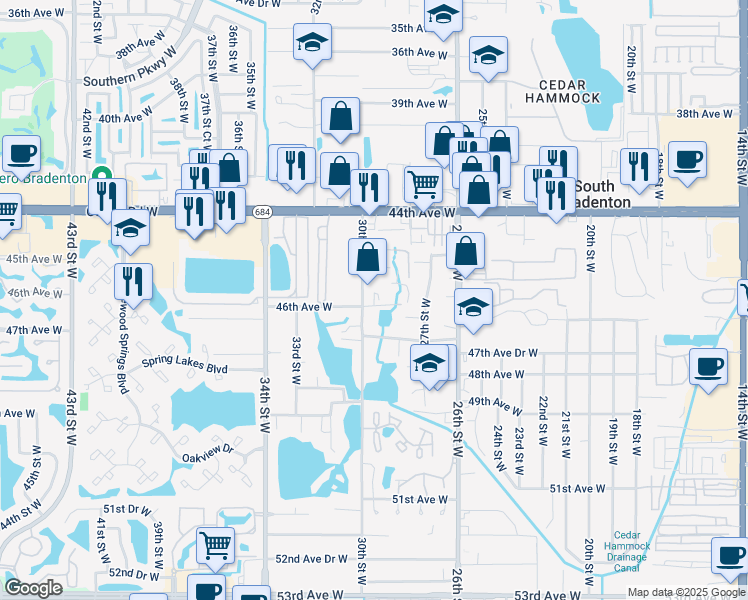 map of restaurants, bars, coffee shops, grocery stores, and more near 4525 30th Street West in Bradenton