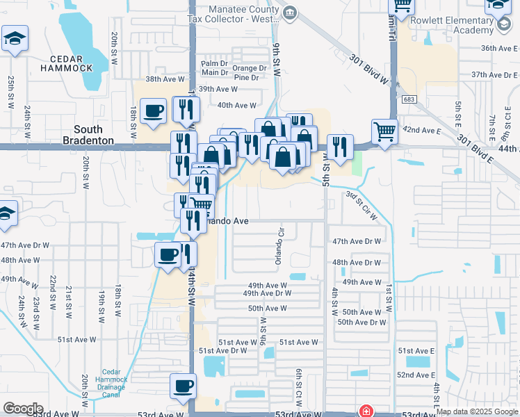 map of restaurants, bars, coffee shops, grocery stores, and more near 4507 9th Street West in Bradenton