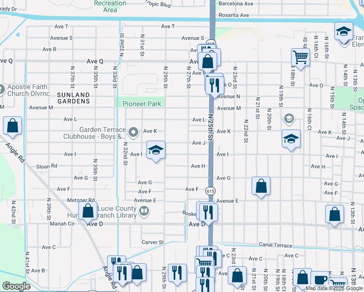 map of restaurants, bars, coffee shops, grocery stores, and more near 2701 Avenue J in Fort Pierce