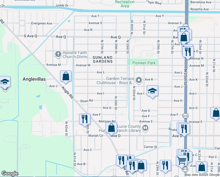 map of restaurants, bars, coffee shops, grocery stores, and more near 3507 Avenue J in Fort Pierce