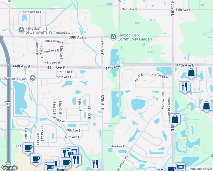 map of restaurants, bars, coffee shops, grocery stores, and more near 4515 37th Street East in Bradenton