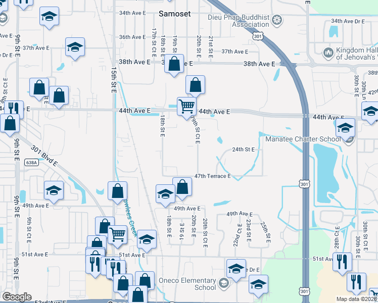map of restaurants, bars, coffee shops, grocery stores, and more near 4614 19th St Ct E in Bradenton