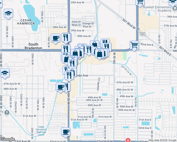 map of restaurants, bars, coffee shops, grocery stores, and more near 4523 Groveland Street in Bradenton