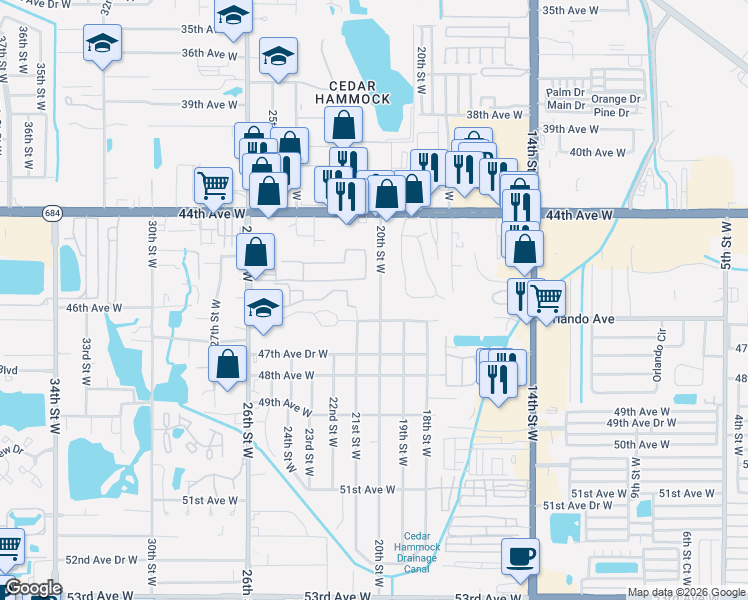 map of restaurants, bars, coffee shops, grocery stores, and more near 4522 20th Street West in Bradenton