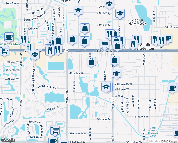 map of restaurants, bars, coffee shops, grocery stores, and more near 4525 30th Street West in Bradenton