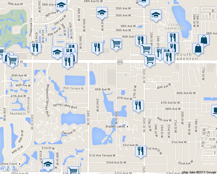 map of restaurants, bars, coffee shops, grocery stores, and more near 3027 46th Avenue West in Bradenton
