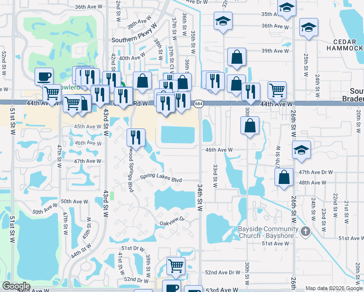 map of restaurants, bars, coffee shops, grocery stores, and more near 3707 45th Terrace West in Bradenton