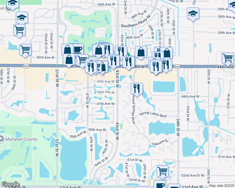 map of restaurants, bars, coffee shops, grocery stores, and more near 179 Pinehurst Drive in Bradenton