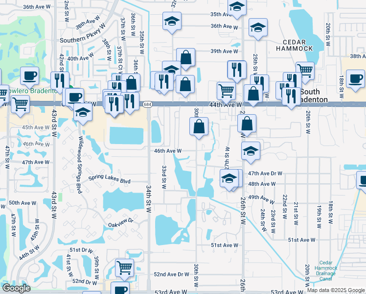 map of restaurants, bars, coffee shops, grocery stores, and more near 3027 46th Avenue West in Bradenton