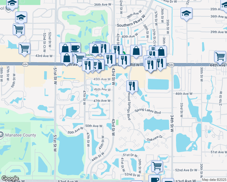 map of restaurants, bars, coffee shops, grocery stores, and more near 4301 46th Avenue West in Bradenton
