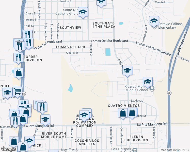 map of restaurants, bars, coffee shops, grocery stores, and more near 3919 Katiana Drive in Laredo