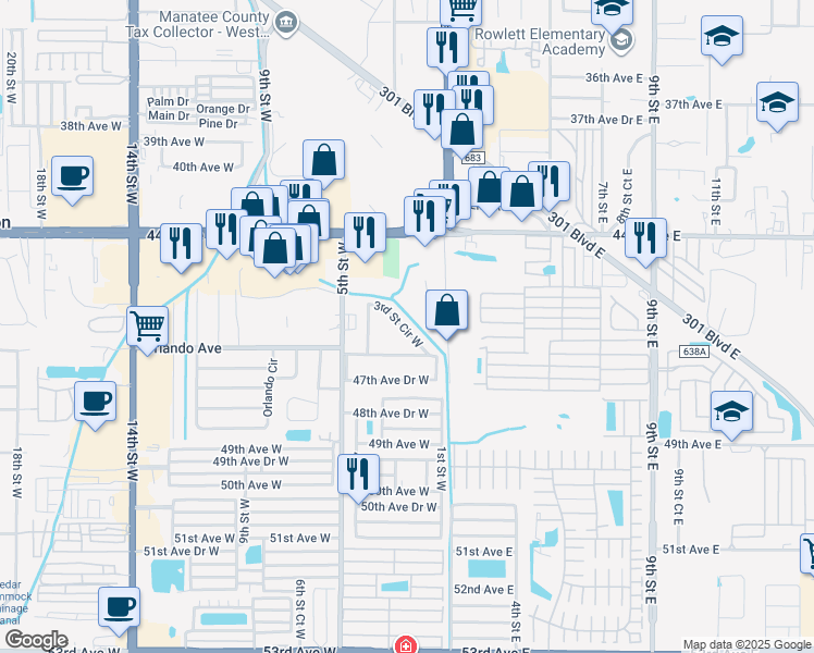 map of restaurants, bars, coffee shops, grocery stores, and more near 322 3rd Street Circle West in Bradenton