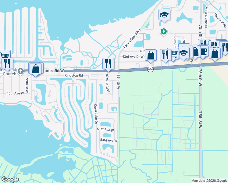 map of restaurants, bars, coffee shops, grocery stores, and more near 4520 86th Street West in Bradenton
