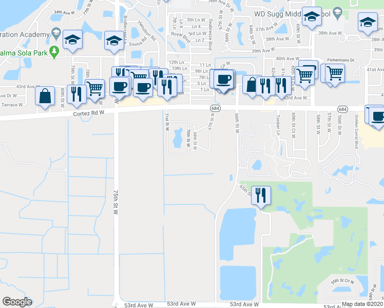 map of restaurants, bars, coffee shops, grocery stores, and more near 6724 46th Avenue West in Bradenton
