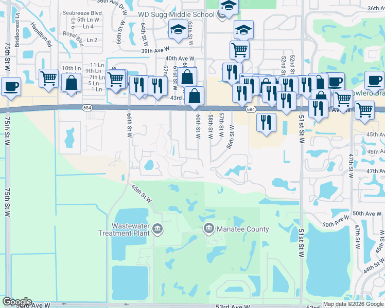map of restaurants, bars, coffee shops, grocery stores, and more near 6008 45th Avenue Drive West in Bradenton