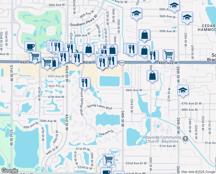 map of restaurants, bars, coffee shops, grocery stores, and more near 3715 45th Terrace West in Bradenton
