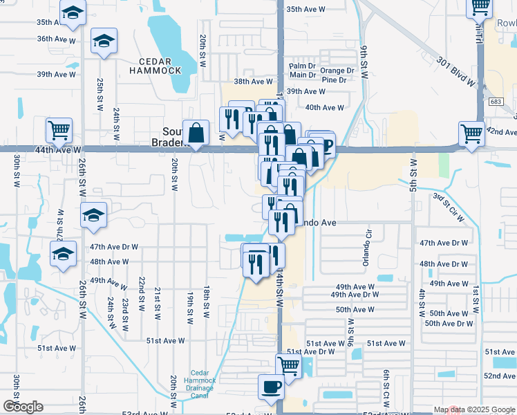 map of restaurants, bars, coffee shops, grocery stores, and more near 1477 45th Avenue Circle West in Bradenton