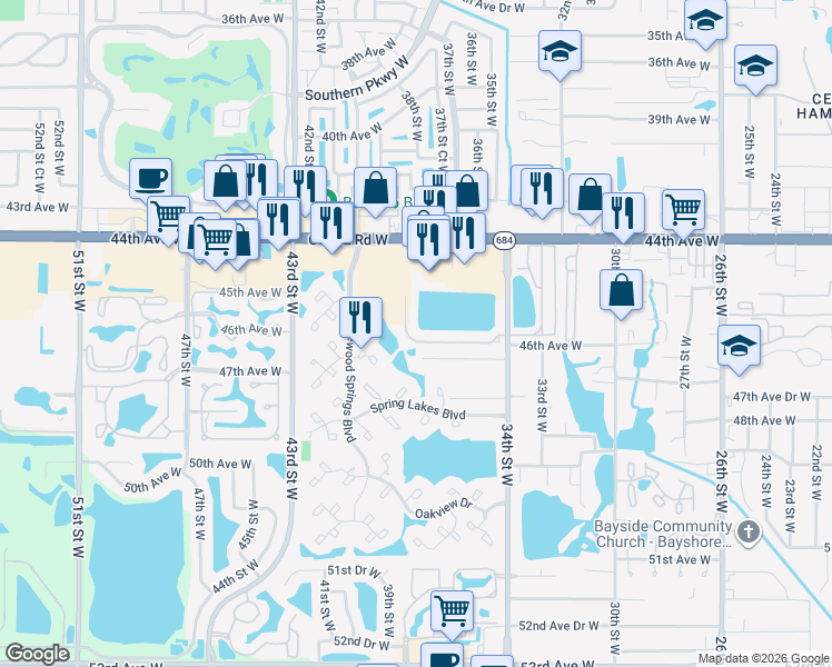 map of restaurants, bars, coffee shops, grocery stores, and more near 3711 46th Avenue Drive West in Bradenton