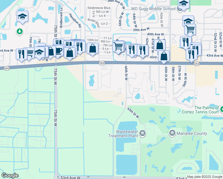 map of restaurants, bars, coffee shops, grocery stores, and more near 4531 67th Street West in Bradenton