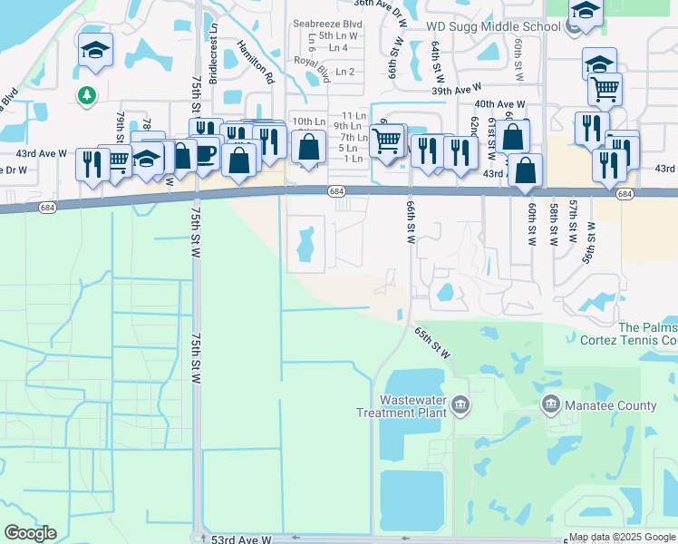 map of restaurants, bars, coffee shops, grocery stores, and more near 6724 46th Avenue West in Bradenton