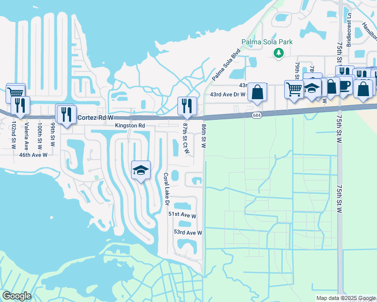 map of restaurants, bars, coffee shops, grocery stores, and more near 4520 87th Street West in Bradenton