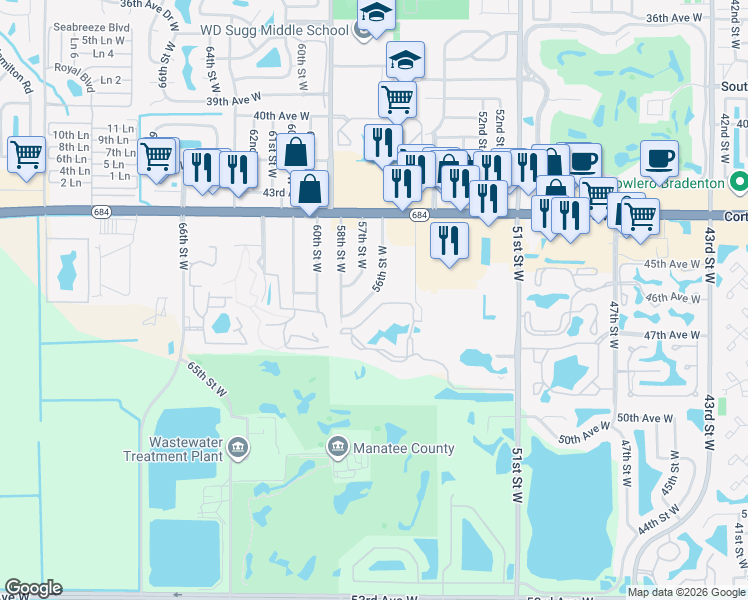 map of restaurants, bars, coffee shops, grocery stores, and more near 4527 56th Street West in Bradenton