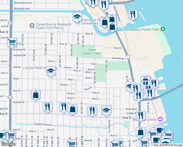 map of restaurants, bars, coffee shops, grocery stores, and more near 1205 Avenue J in Fort Pierce
