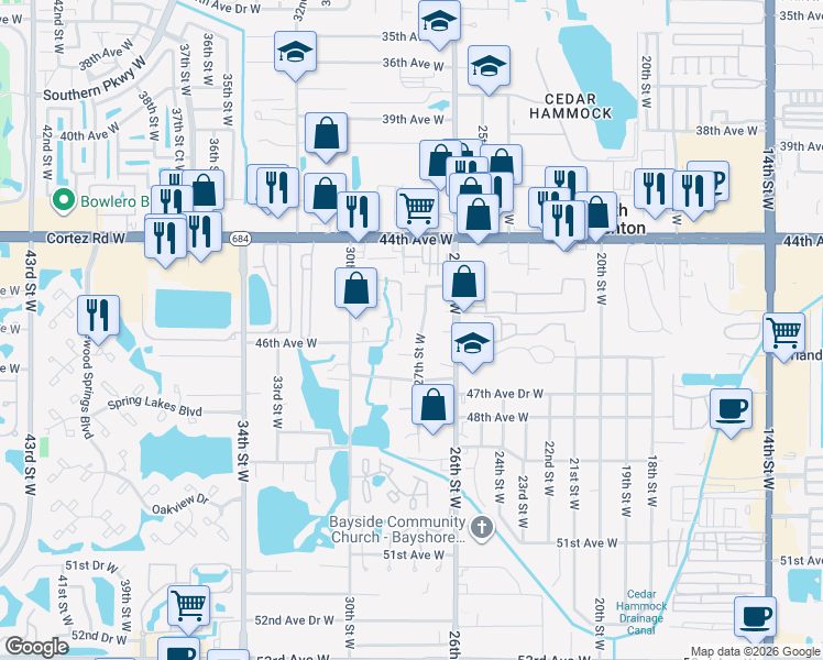map of restaurants, bars, coffee shops, grocery stores, and more near 46TH West Avenue Avenue in Bradenton