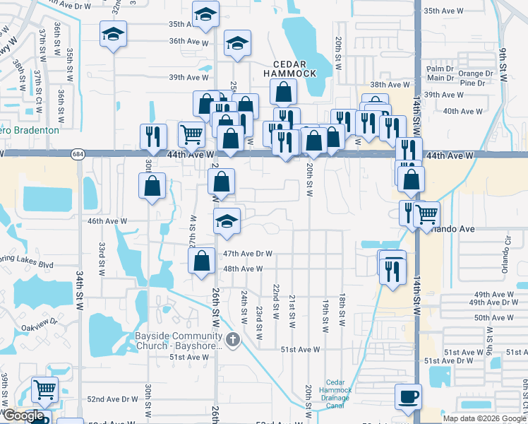 map of restaurants, bars, coffee shops, grocery stores, and more near 2305 46th Avenue West in Bradenton