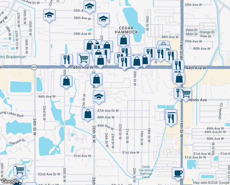 map of restaurants, bars, coffee shops, grocery stores, and more near 2305 46th Avenue West in Bradenton