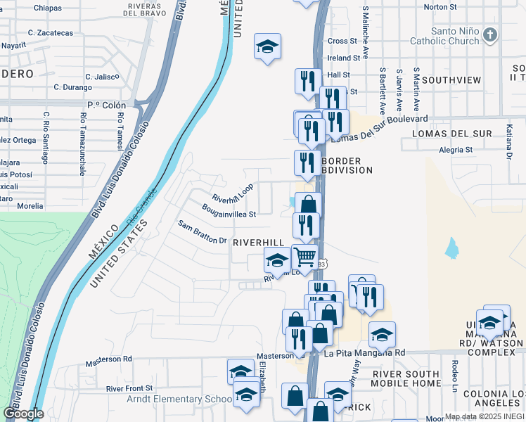map of restaurants, bars, coffee shops, grocery stores, and more near 713 Bougainvillea Street in Laredo