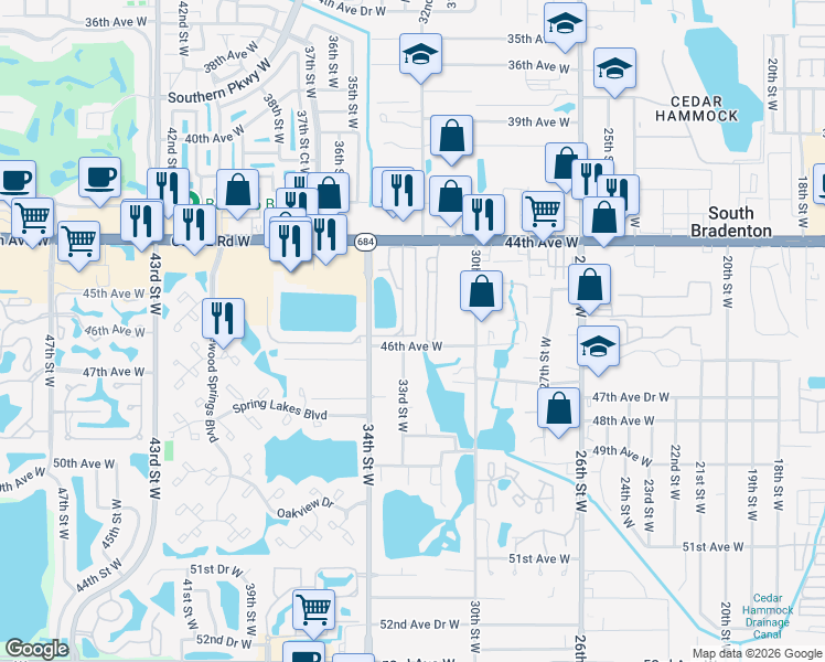 map of restaurants, bars, coffee shops, grocery stores, and more near 4547 Calm Harbor Street in Bradenton