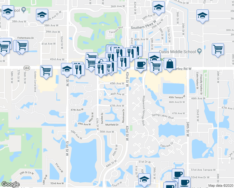 map of restaurants, bars, coffee shops, grocery stores, and more near 4301 46th Avenue West in Bradenton
