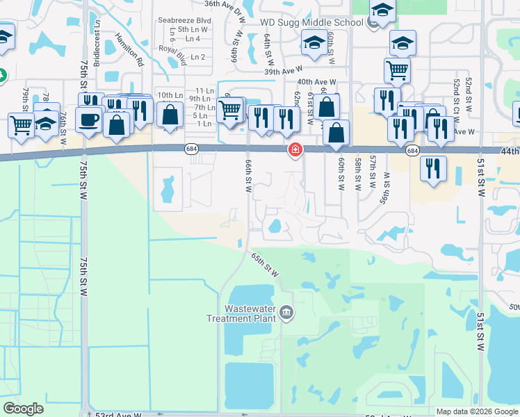 map of restaurants, bars, coffee shops, grocery stores, and more near 4601 66th Street West in Bradenton