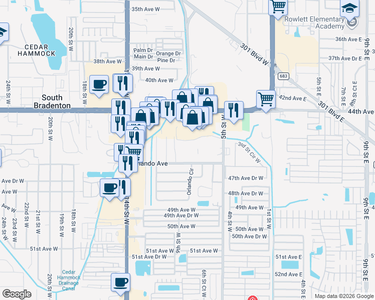 map of restaurants, bars, coffee shops, grocery stores, and more near 4507 9th Street West in Bradenton