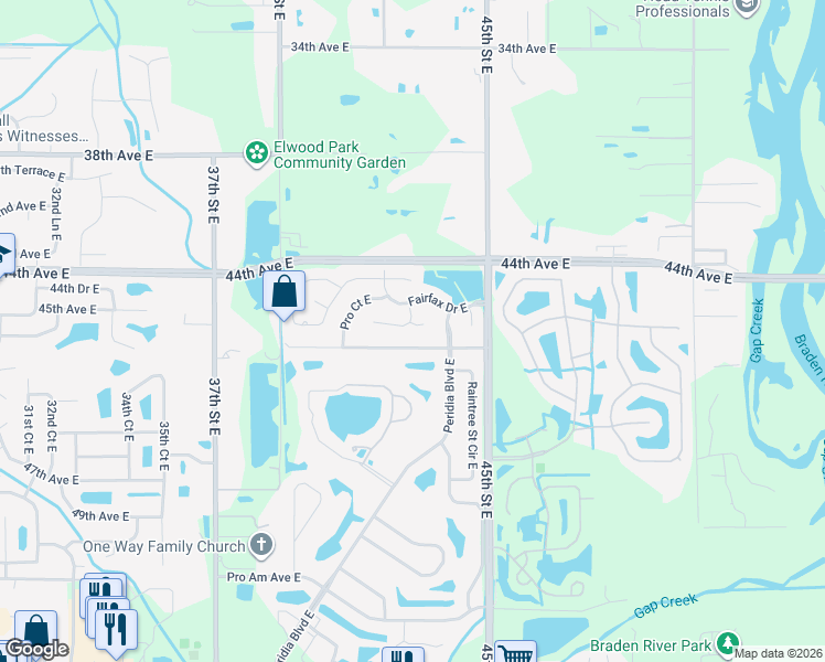 map of restaurants, bars, coffee shops, grocery stores, and more near 4304 Windsor Lane East in Bradenton