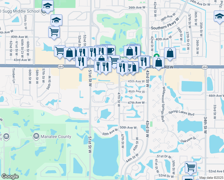 map of restaurants, bars, coffee shops, grocery stores, and more near 4550 47th Street West in Bradenton