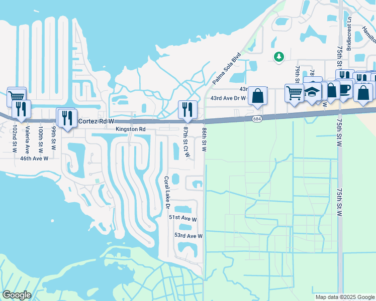 map of restaurants, bars, coffee shops, grocery stores, and more near 4520 87th Street West in Bradenton