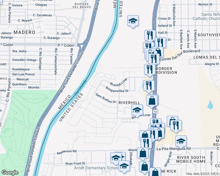 map of restaurants, bars, coffee shops, grocery stores, and more near 620 Bougainvillea Street in Laredo