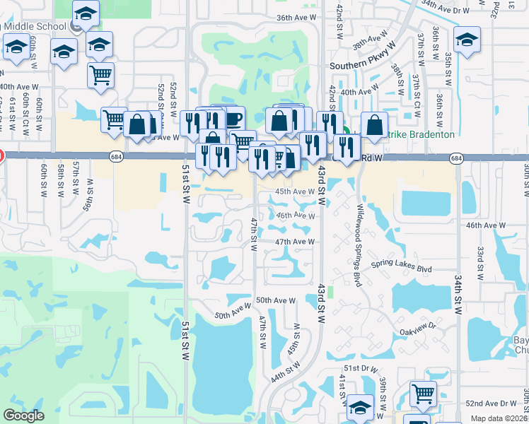map of restaurants, bars, coffee shops, grocery stores, and more near 4675 46th Street Court West in Bradenton