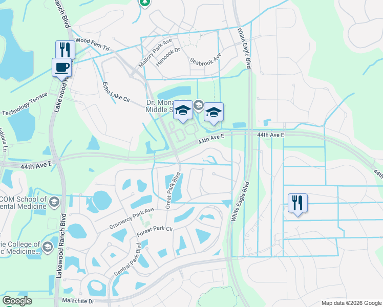 map of restaurants, bars, coffee shops, grocery stores, and more near 12296 Longview Lake Circle in Bradenton