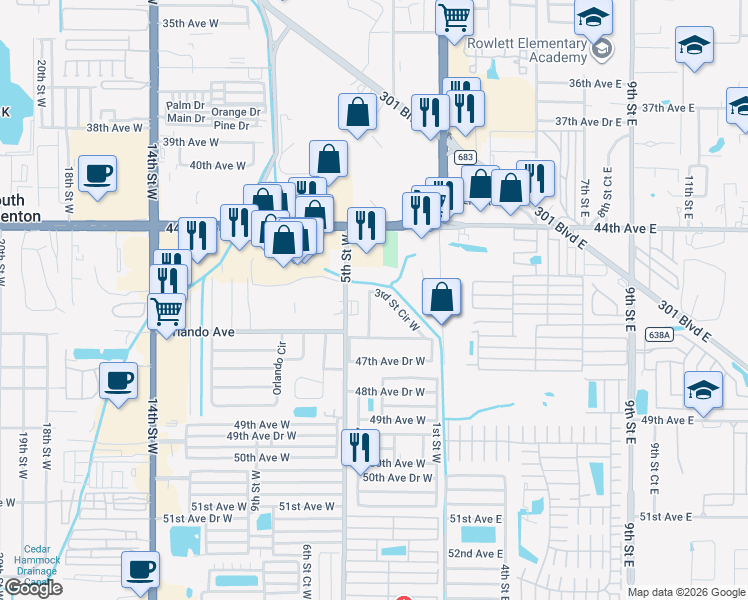 map of restaurants, bars, coffee shops, grocery stores, and more near 4507 3rd Street Circle West in Bradenton