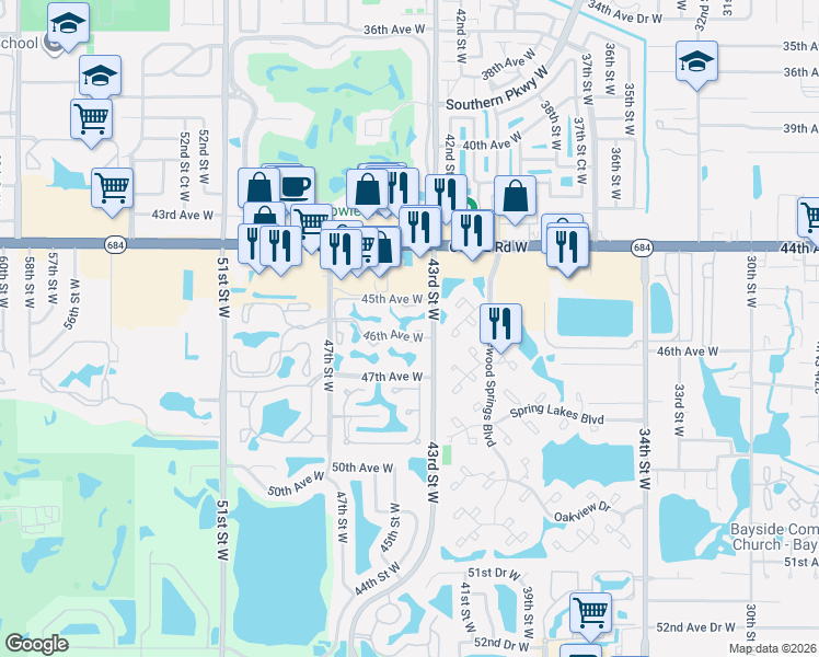 map of restaurants, bars, coffee shops, grocery stores, and more near 4301 46th Avenue West in Bradenton